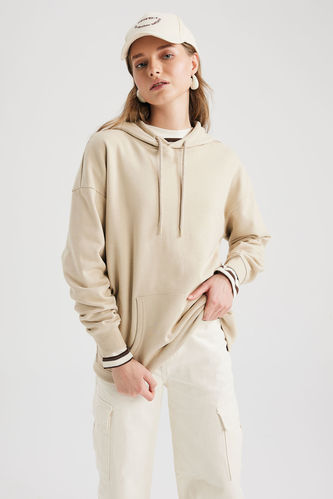 Kangaroo Fit Pocket Hooded Sweatshirt Beige | Basic 2537689 Oversize Woman DeFacto