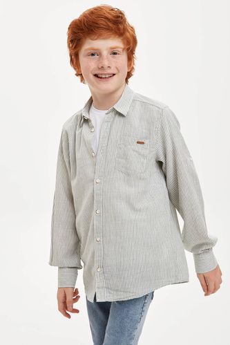 Erkek Çocuk Çizgili Kolları Katlanabilir Keten Görünümlü Gömlek