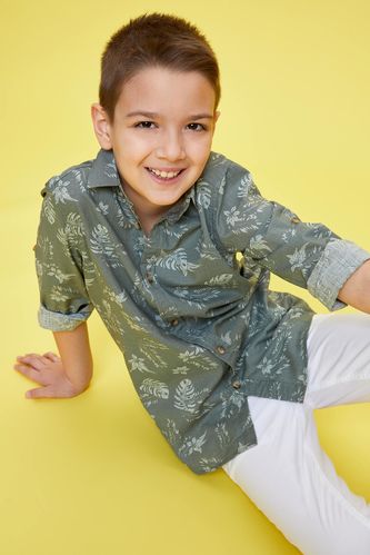 Erkek Çocuk Desenli Kolları Katlanabilir Keten Görünümlü Gömlek