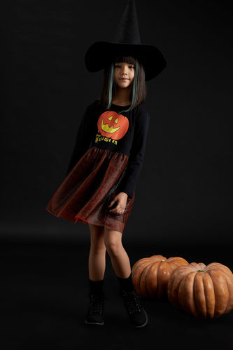 Kız Çocuk Halloween Temalı Balkabağı Baskılı Gece Parlayan Elbise