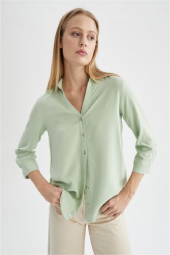 FEMME Bleu Chemise à manches longues et col rond coupe classique