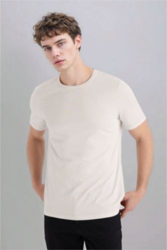 Erkek Açık Taş Slim Fit Dar Kesim Bisiklet Yaka Modal Karışımlı Pamuklu Basic Düz Kısa Kollu Tişört