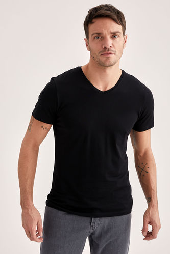 Short-Sleeved Slim Fit V-Neck Plain T-Shirt