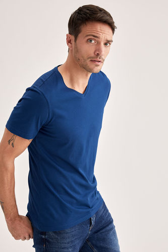 Short-Sleeved Slim Fit V-Neck Plain T-Shirt