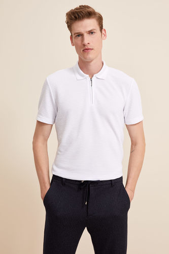 Slim Fit Fermuarlı Polo Yaka Kısa Kollu Beyaz Tişört