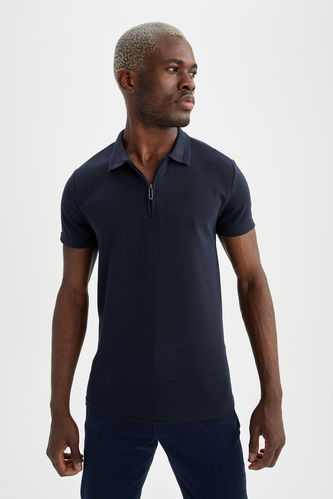 T-shirt slim fit zippé col polo à manches courtes bleu marine