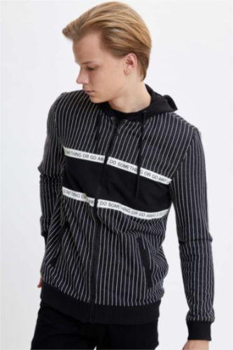Siyah Erkek Slim Fit Kapusonlu Cizgili Fermuarli Sweatshirt 1140726 Defacto