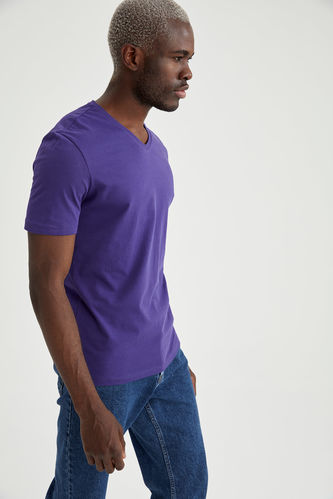 T-shirt basique ajusté en coton à col en V