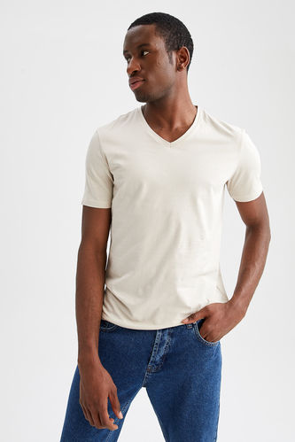 Slim Fit T-Shirt mit V-Ausschnitt aus Baumwolle