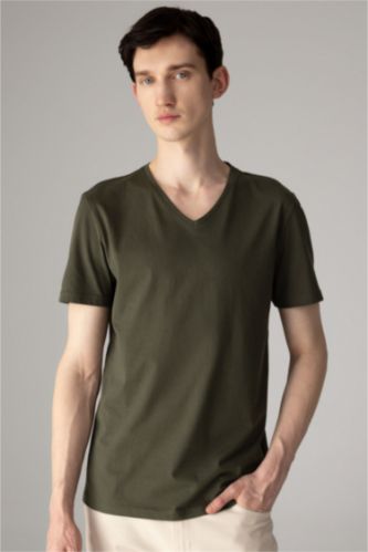Erkek Haki %100 Pamuk Slim Fit Dar Kesim V Yaka Basic Düz Kısa Kollu Tişört