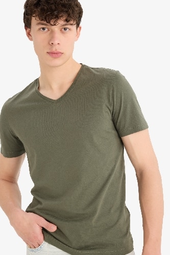 Slim Fit Dar Kesim V Yaka Basic Düz Kısa Kollu %100 Pamuk Tişört
