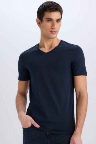 Slim Fit Dar Kesim V Yaka Basic Düz Kısa Kollu %100 Pamuk Tişört