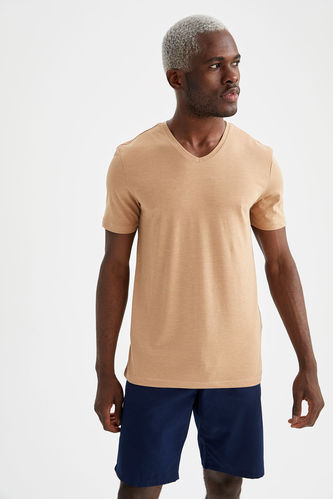 Slim Fit V Yaka Basic Pamuklu Penye Tişört