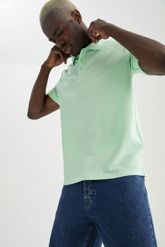 Regular Fit Polo Neck Basic Short Sleeve Green Cotton Combed T-Shirt