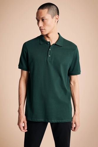 Regular Fit Polo Yaka Basic Kısa Kollu Yeşil Pamuklu Penye Tişört