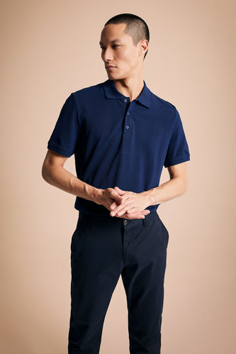 Regular Fit Polo Collar Basic Short Sleeve Navy Blue Cotton Combed T-Shirt