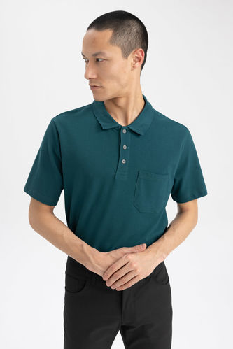 Oversize Fit Polo Yaka Basic Kısa Kollu Yeşil Pamuklu Penye Tişört