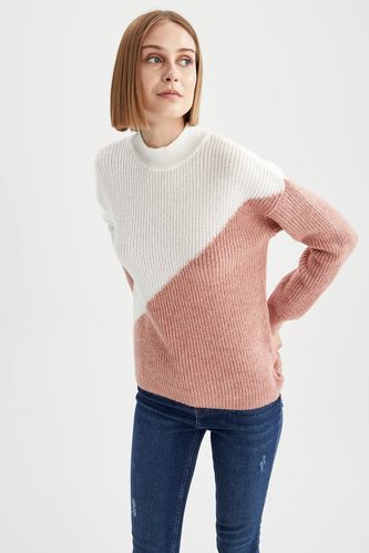 Pull en tricot à coupe décontractée avec col montant et blocs de couleurs