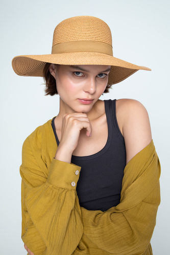 Kadın Şerit Detaylı Hasır Şapka