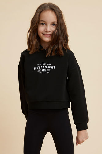 Kız Çocuk Baskılı Kapüşonlu Crop Sweatshirt