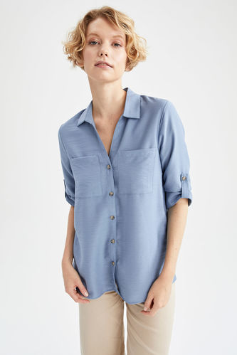 Basic Relaxed Fit Short Sleeve Button Down Blouse