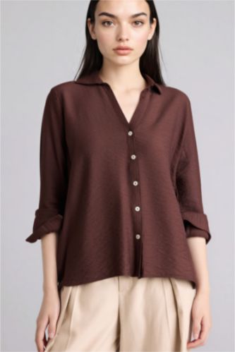 Woman Brown Regular Fit Shirt Collar Long Sleeve Shirt