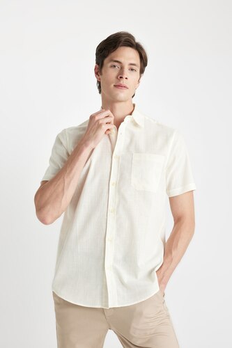رجالي اللون الرملي Regular Fit Cotton Short Sleeve Shirt