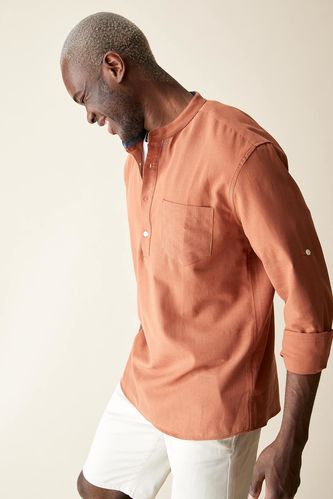Long-Sleeved Slim Fit Stand-Up Collar Shirt