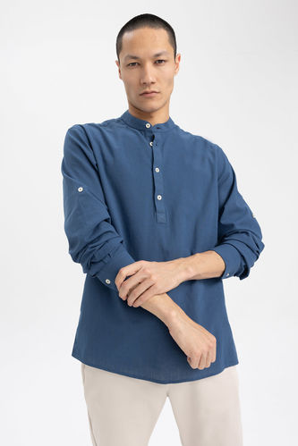 Slim Fit Stand Up Collar Long Sleeve Shirt