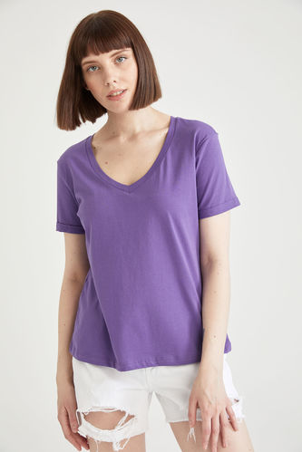 Regular Hem Short-Sleeved V-Neck Plain T-Shirt