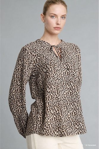 Regular Fit Tie-Up Crew Neck Leopard Print Blouse