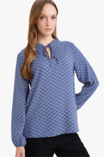 Woman Light Indigo Regular Fit Crew Neck Printed Long Sleeve Blouse