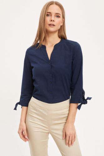 Navy Woman Woven Tie-Sleeve Shirt 1191589 | DeFacto