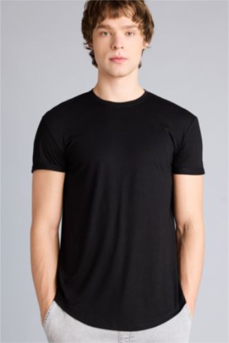 Erkek Siyah Long Muscle Fit Bisiklet Yaka Kısa Kollu Tişört