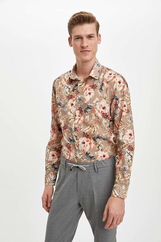 Beige MAN Slim Fit Floral Patterned Long Sleeve Shirt 1165145 | DeFacto