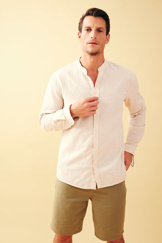 Modern Fit Straight Collar Long Sleeve Linen Blend Shirt