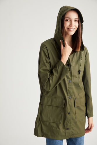 Long Hooded Rain Coat With Pocket Detail