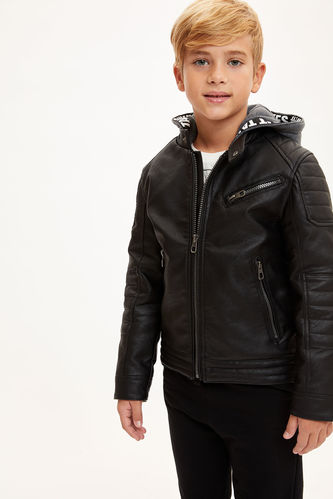Boy Faux Leather Hooded Coat