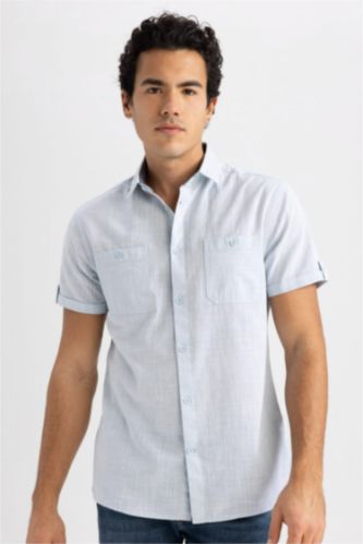 MAN Light Blue Melange Slim Fit Poplin Short Sleeve Shirt