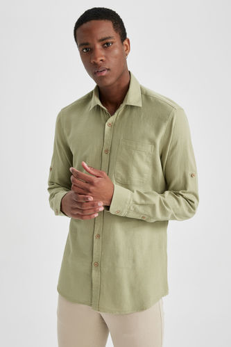 Slim Fit Basic Linen Look Long Sleeve Shirt