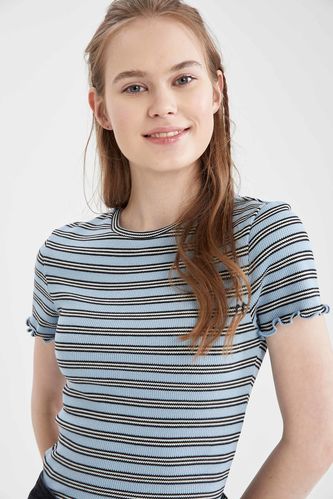 Regular Fit Striped Ruffled Sleeve T-shirt