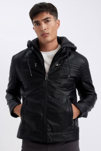 Slim Fit Dar Kesim Çıkarılabilir Kapüşonlu Fermuarlı Cepli Pelüş Astar Suni Deri Mont