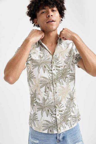 Slim Fit Tropical Patterned Short Sleeve Shirt