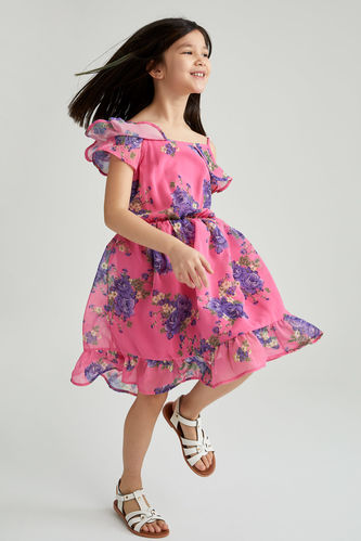 Kız Çocuk Askılı Fırfırlı Çiçekli Astarlı Elbise