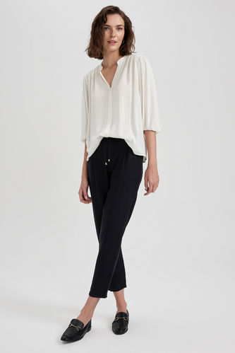 High Waist Linen Look Trousers with Jogger Pockets