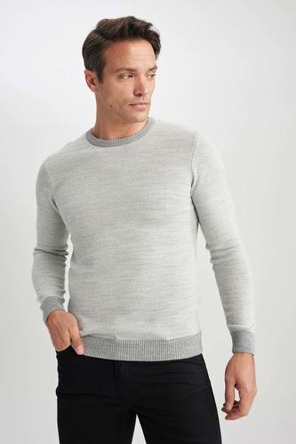 Slim Fit Crew Neck Patched Sleeve Detailed Knitwear Sweater