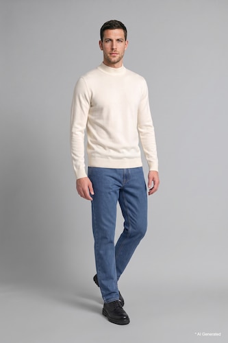 Erkek Ekru Slim Fit Yarım Balıkçı Yaka Basic Triko Kazak