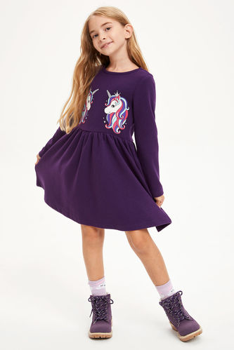 Girl Unicorn Print Long Sleeve Dress