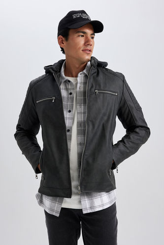 Slim Fit Hooded Faux Leather Jacket