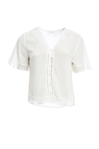 V Neck Short Sleeve Blouse With Lace Detail
